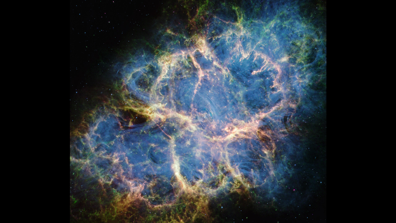 Crab Nebula, a supernova remnant in Taurus, showing intricate filaments of gas and dust glowing vibrantly, observed through a telescope with minimal aberrations.