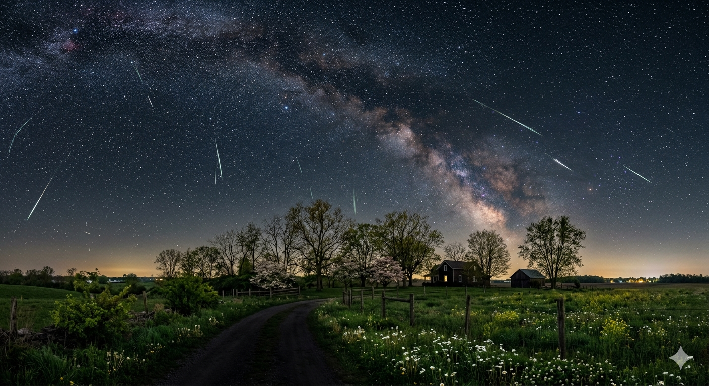 Dozens of Lyrid meteor streaks crossing the Milky Way over a rural US landscape
