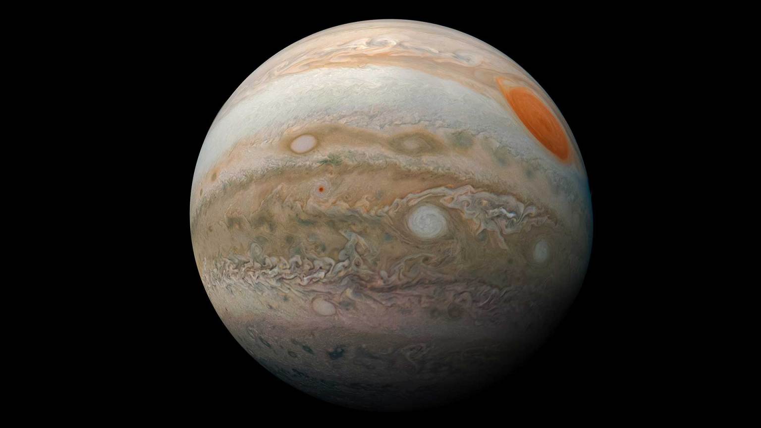 NASA Juno image of Jupiter's cloud bands and Great Red Spot used as a planetary observation reference.
